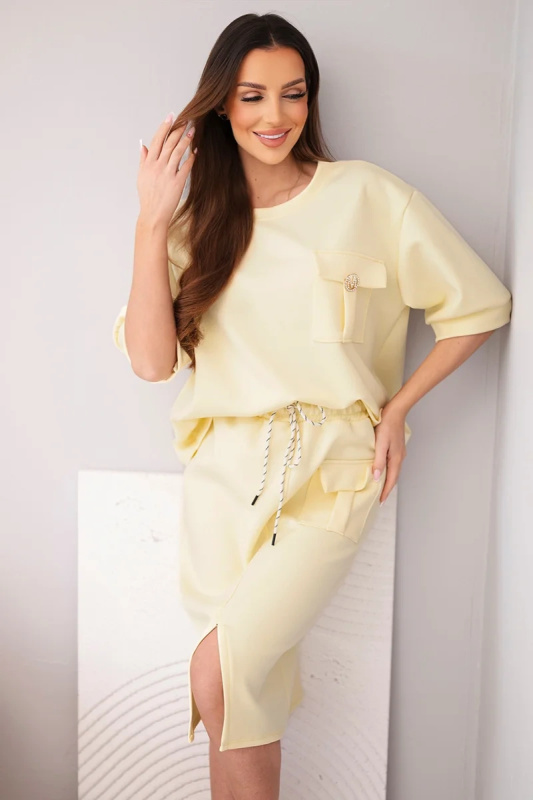 Kesi Dámský máslový komplet s halenkou a midi sukní světle růžový Barva: Žlutá, Velikost: UNI