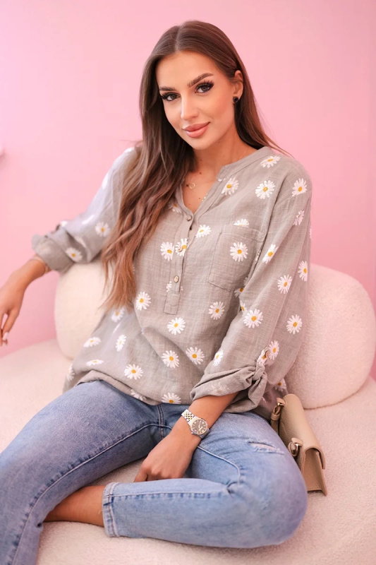 Kesi Bavlněná dámská halenka ART22062 s květinovým vzorem Barva: Béžová, Velikost: UNI