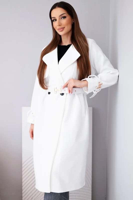 Dámský ecru kabát Kesi s páskem a zlatými přezkami