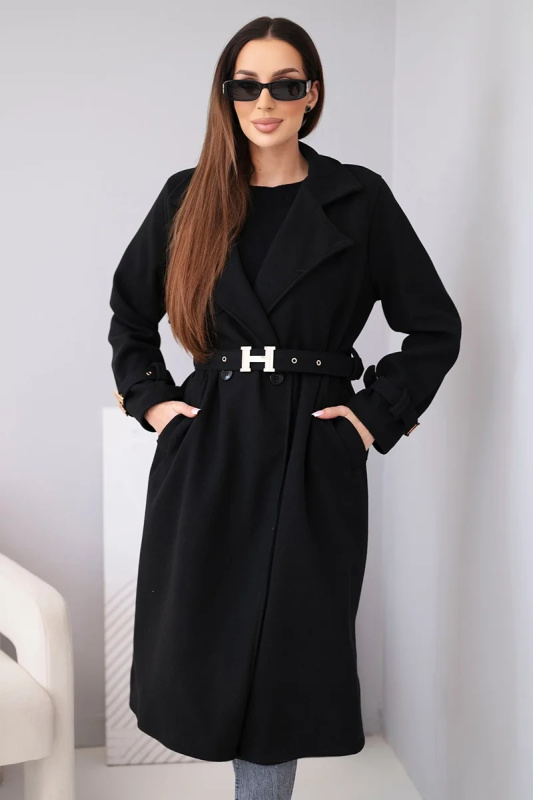 Dámský kabát s páskem a zlatými přezkami