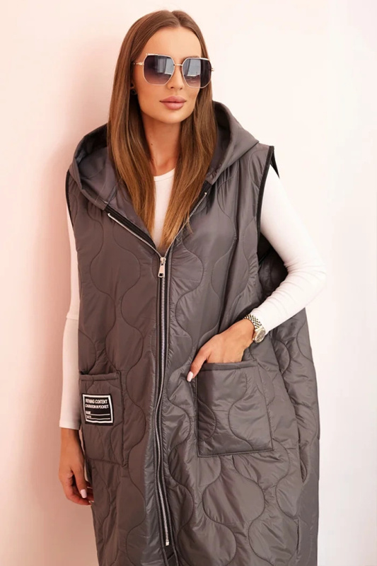 Kesi Dámská prošívaná vesta Plus Size s kapucí na zip Tech Barva: Šedá - tmavě, Velikost: UNI