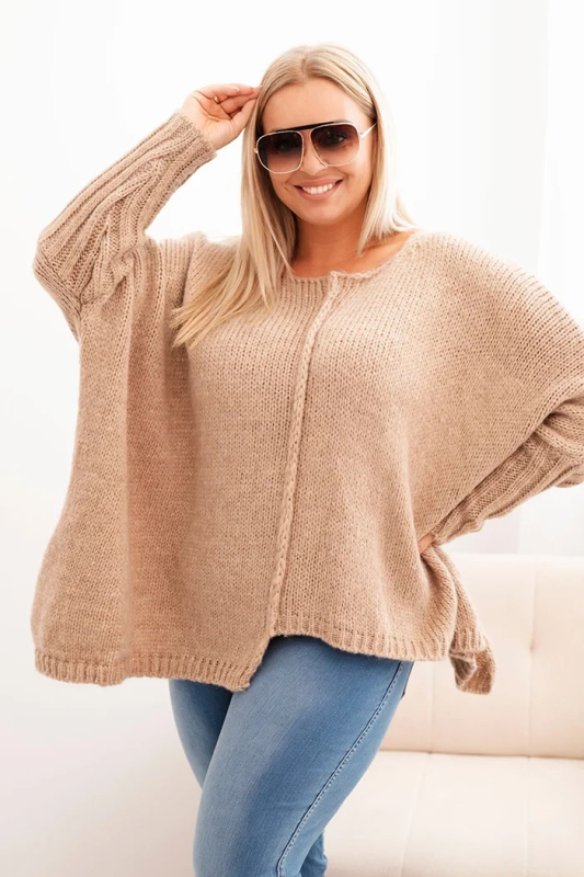 Kesi Dámský svetr Plus Size z akrylu volného střihu s 3/4 rukávem Jim Barva: Béžová - tmavě, Velikost: UNI