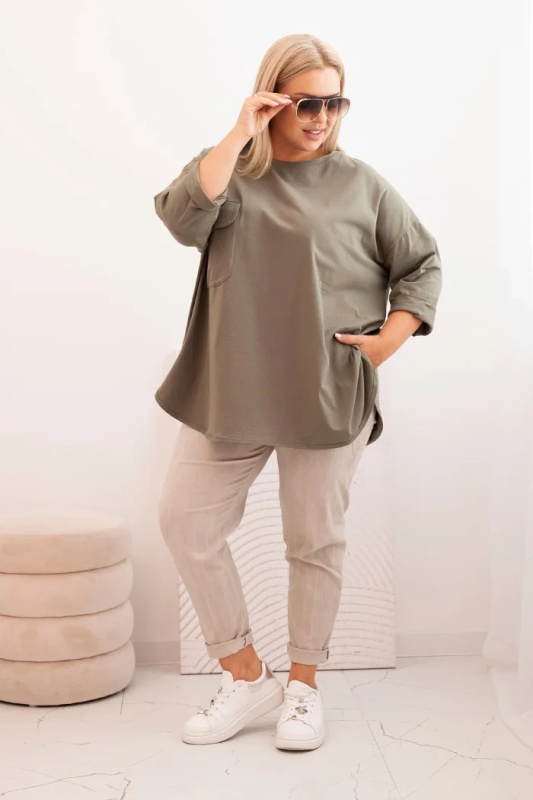Kesi Dámská blůza Plus Size s bavlnou, kapsou a ohrnovacími rukávy Hilda Barva: Zelená, Velikost: UNI