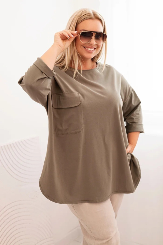 Kesi Dámská blůza Plus Size s bavlnou, kapsou a ohrnovacími rukávy Hilda Barva: Zelená, Velikost: UNI