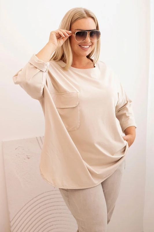 Kesi Dámská blůza Plus Size s bavlnou, kapsou a ohrnovacími rukávy Hilda Barva: Béžová, Velikost: UNI