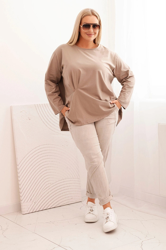 Kesi Dámská blůza Plus Size s bavlnou, kapsou a ohrnutým rukávem kiwi Barva: Béžová, Velikost: UNI