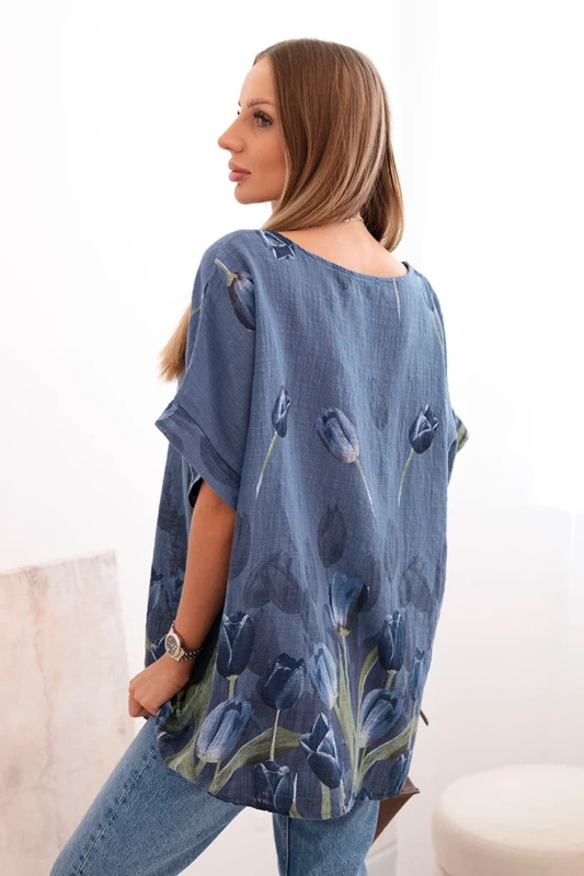 Dámská bavlněná košile s květinovým vzorem džínová modrá UNI