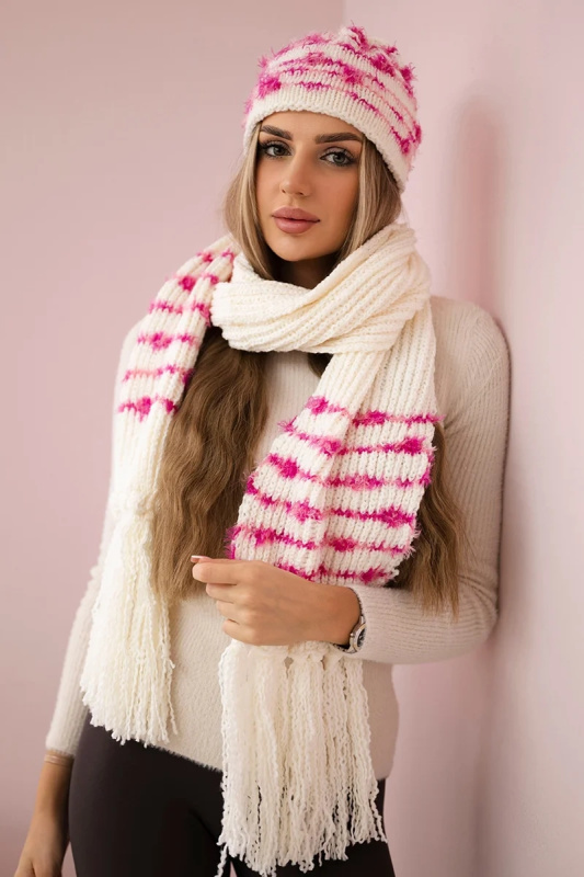 Dámská souprava se šátkem Anika K304 ecru+fuchsia UNI