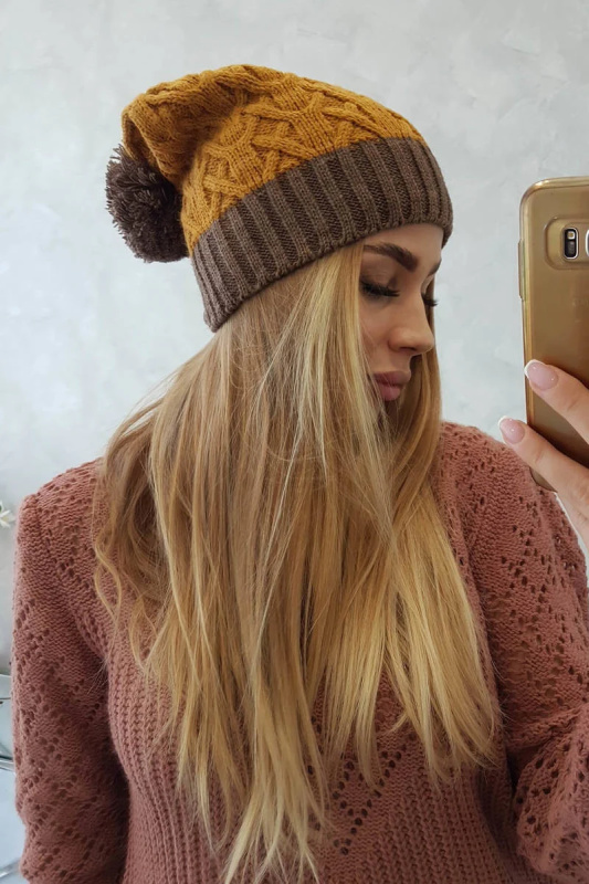 Fleecová čepice Bibiana K264 mocca+mustard UNI