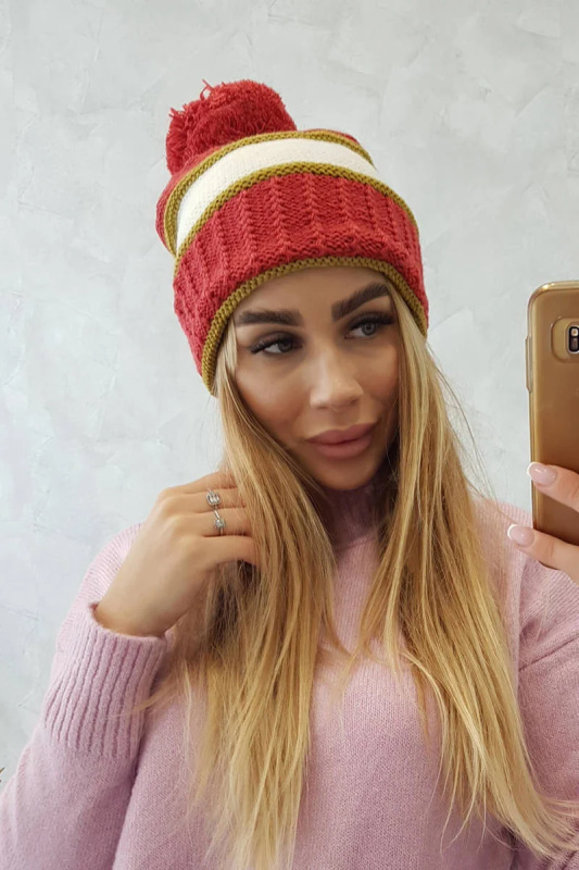 Dámská čepice Kinga K297 rudá+světlá khaki+ecru UNI