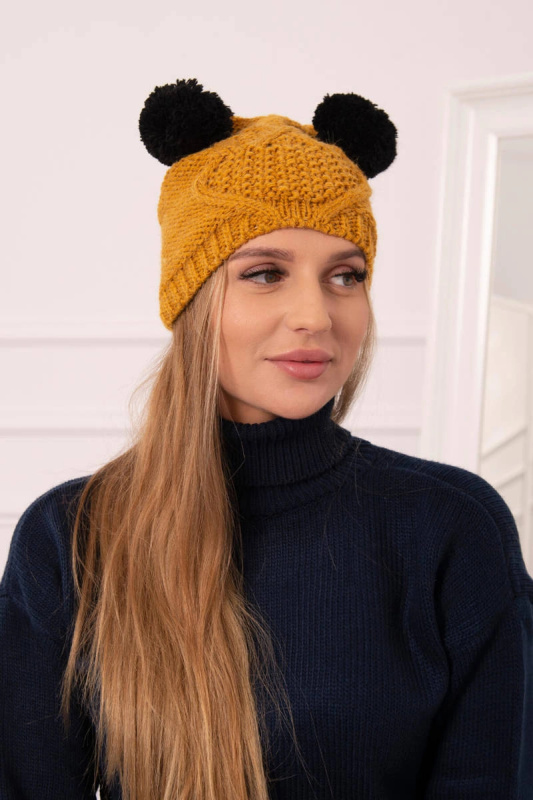 Fleecová čepice 2 bambulky K291 hořčice UNI