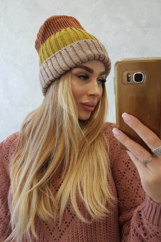 Fleecová čepice Bojana K265 beige+kiwi+camel UNI