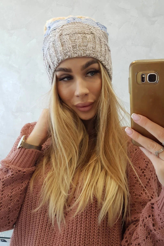 Fleecová čepice Dolores K303 tmavě béžová+modrá+žlutá UNI