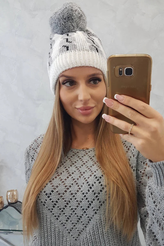 Dámská čepice s bambulí Rozalia K323 šedá+bílá UNI