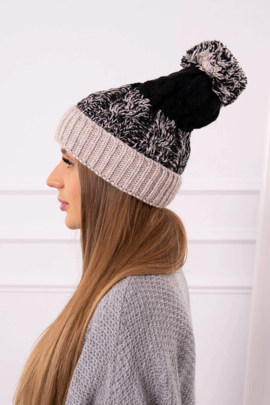 Dámská čepice s bambulí Abigail K326 black+beige UNI