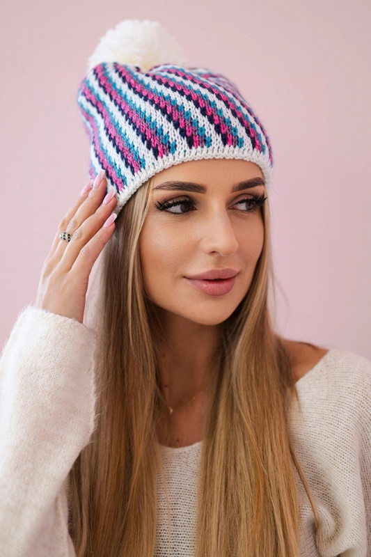 Dámská čepice s bambulí Hanna K328 bílá+džíny UNI