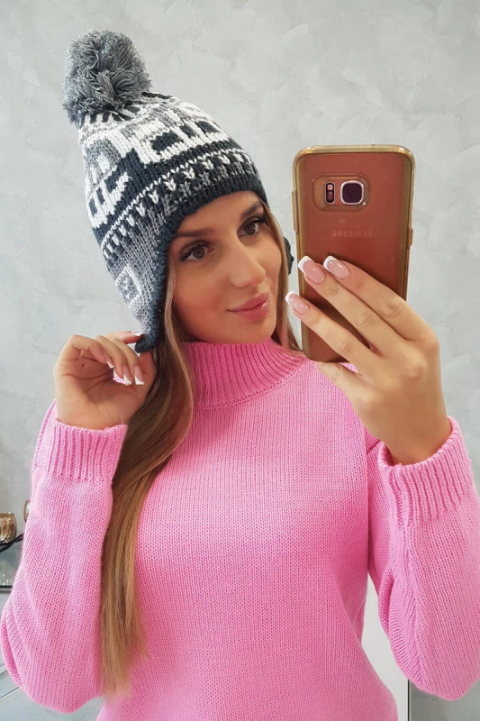 Rosa dámská čepice s bambulí K368 bílá+grafitová+tmavě šedá UNI