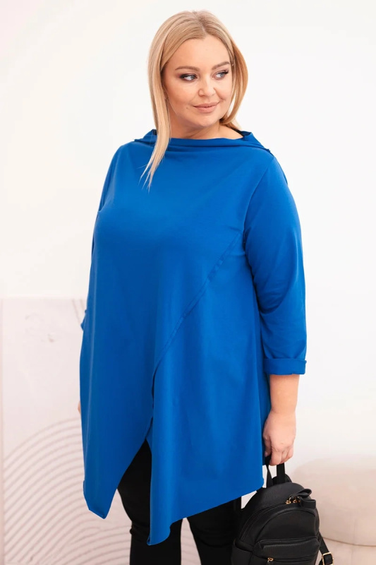 Kesi Dámská bavlněná blůza Plus Size asymetrická s ohrnutým rukávem chabrová
