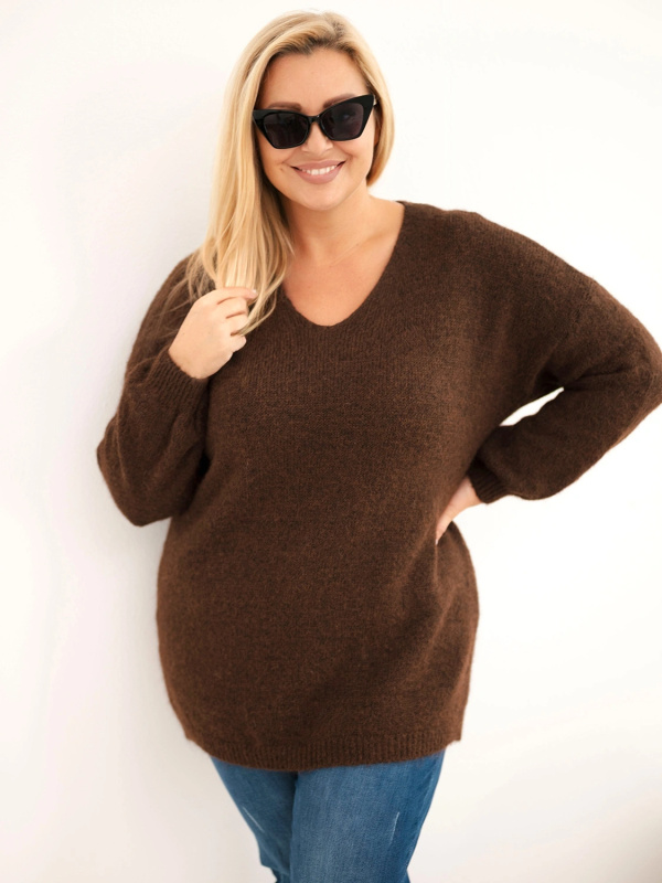 Kesi Dámský svetr Plus Size 26133 Barva: Hnědá, Velikost: UNI