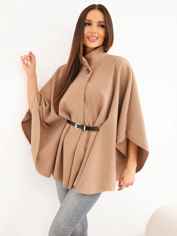 Kesi Dámské pončo s páskem a vysokým límcem barva camel Barva: Béžová, Velikost: UNI