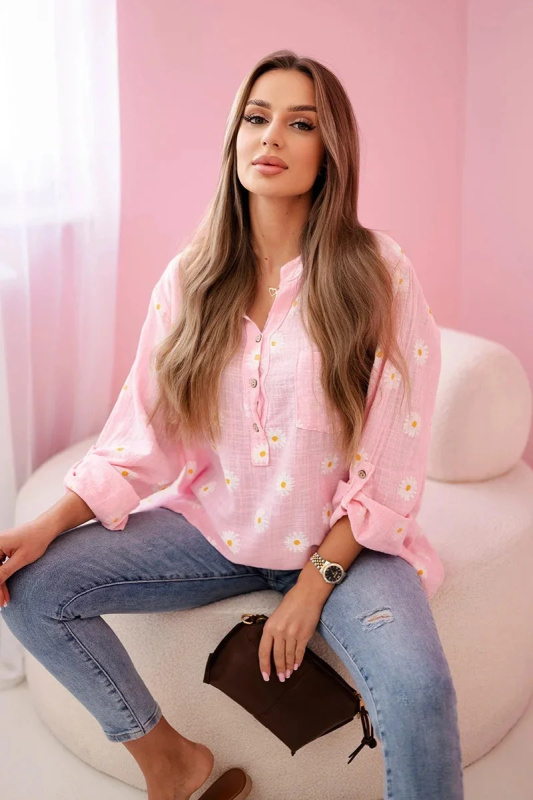 Kesi Lněná dámská halenka Rubi s květinovým vzorem Barva: Růžová, Velikost: UNI