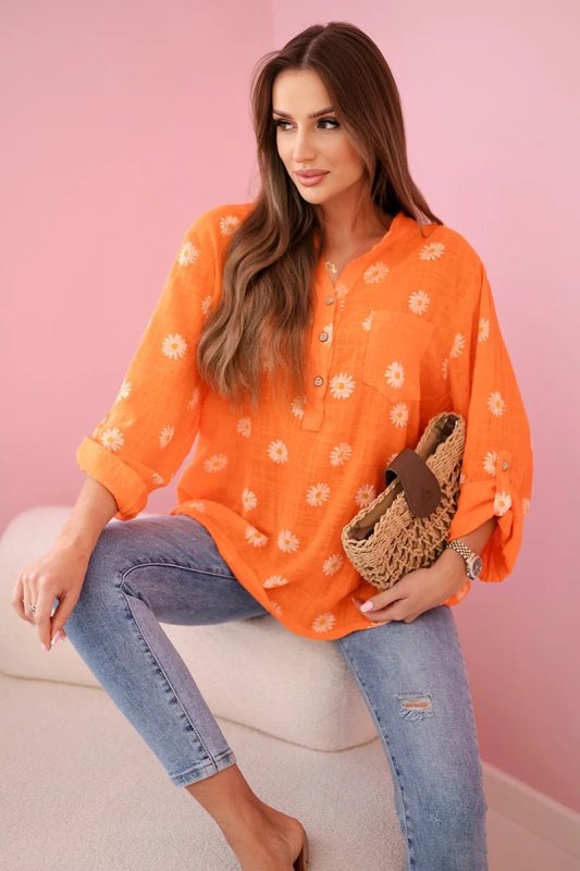 Kesi Lněná dámská halenka Rubi s květinovým vzorem Barva: Oranžová, Velikost: UNI