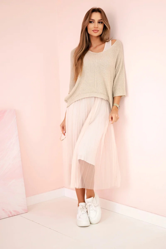 Kesi Plisované šaty Mais s ažurovým svetříkem - výprodej Barva: Béžová, Velikost: UNI