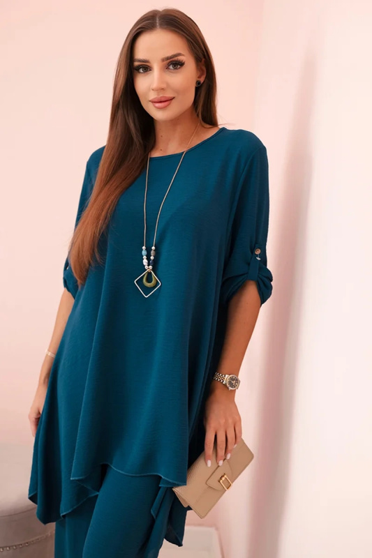 Kesi Dámský komplet 1025A - halenka + kalhoty s přívěskem Barva: Modrá - tmavě, Velikost: UNI