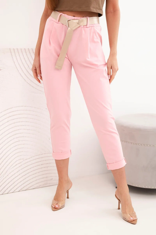 Dámské kalhoty s páskem, světle růžové