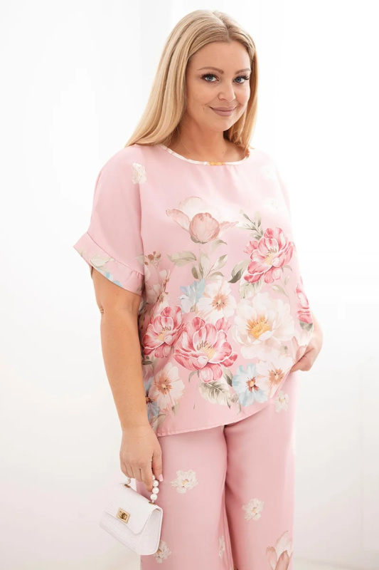 Kesi Plus Size dámská souprava s blůzkou a květinovými kalhotami