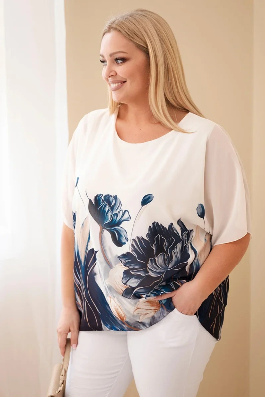 Kesi Dámská halenka Plus Size s květinovým potiskem a volným rukávem modrá Barva: Modrá - tmavě, Velikost: UNI