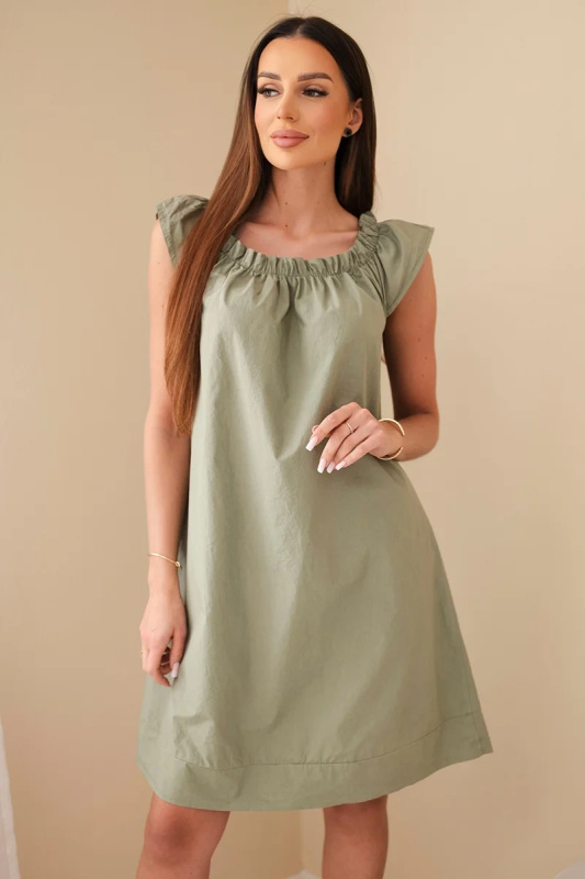 Dámské bavlněné šaty s ruched výstřihem a volánem khaki