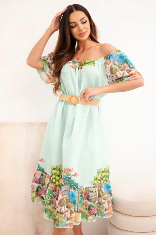 Off-shoulder šaty s páskem, mátová