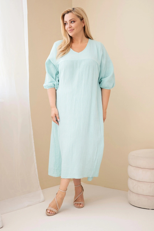 Plus-size bavlněné mušelínové šaty s V-výstřihem mátové