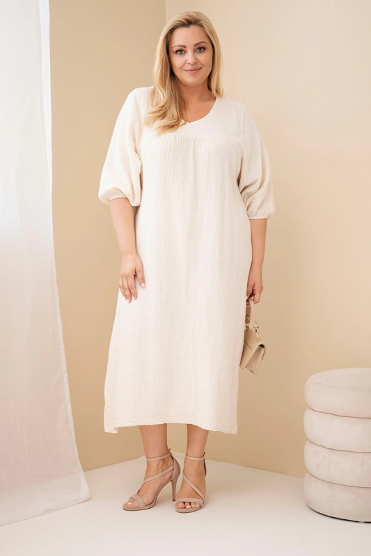 Bavlněné šaty Plus Size s V-výstřihem béžové