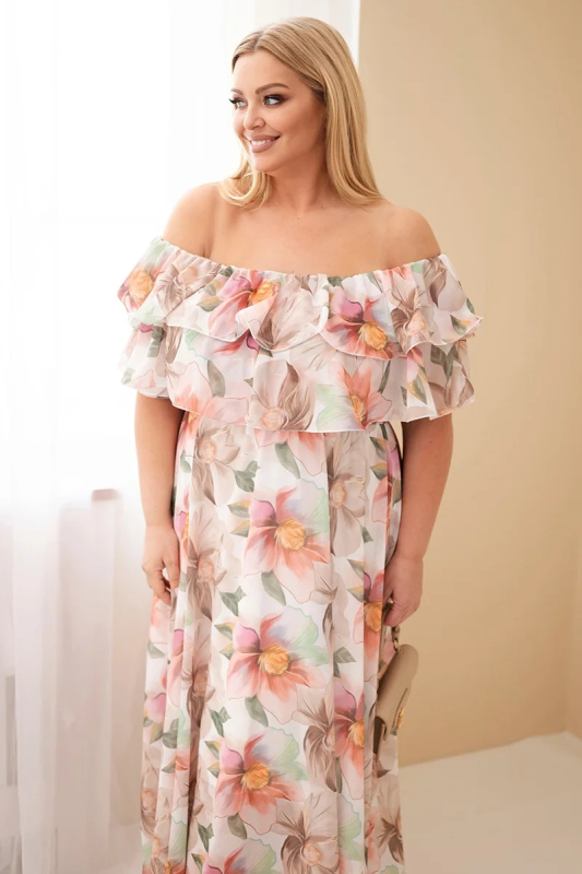 Kesi Dámské plus size maxi šaty s volánem off-shoulder a elastickým pasem béžové Barva: Béžová, Velikost: UNI