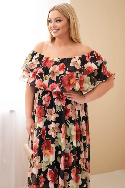 Kesi Dámské plus size maxi šaty s volánem off-shoulder a elastickým pasem béžové Barva: Černá, Velikost: UNI