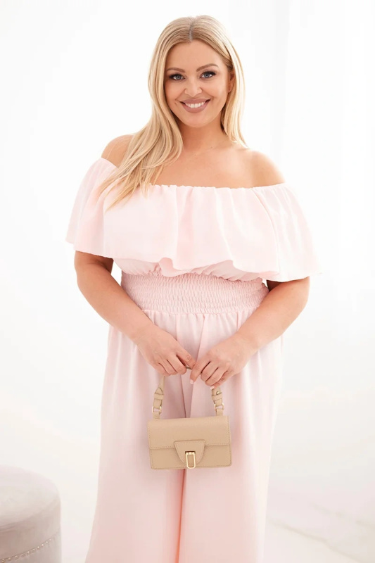 Kesi Dámský overal Plus Size s odhalenými rameny, volánem a širokými nohavicemi černý Barva: Růžová - světle, Velikost: UNI