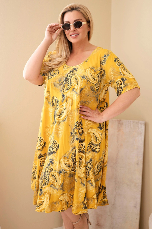 Plus Size dámské šaty s paisley vzorem, hořčicová