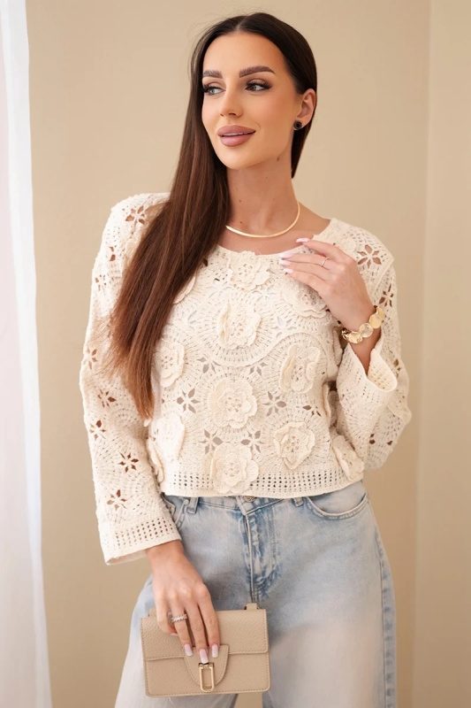 Kesi Dámský ažurový svetr s květinovým vzorem béžový Barva: Béžová, Velikost: UNI