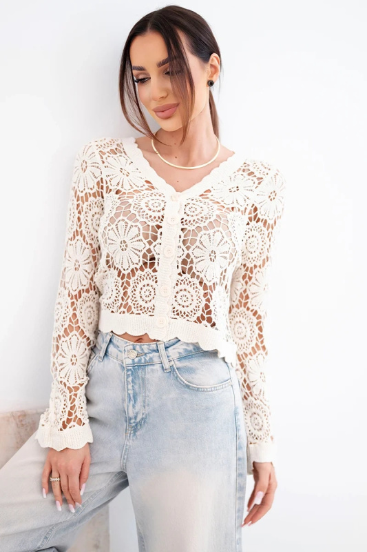 Kesi Dámský letní krajkový svetr s knoflíky a dlouhým rukávem černý Barva: Béžová, Velikost: UNI