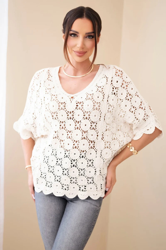 Kesi Dámský letní krajkový svetr s knoflíky a dlouhým rukávem černý Barva: Béžová, Velikost: UNI