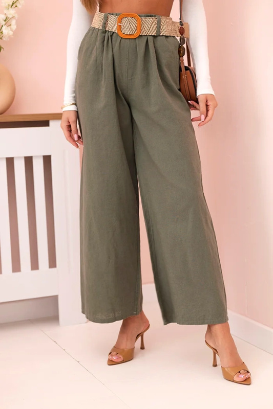 Kesi Dámské lněné kalhoty Tridy se širokými nohavicemi a páskem béžový Barva: Zelená, Velikost: UNI