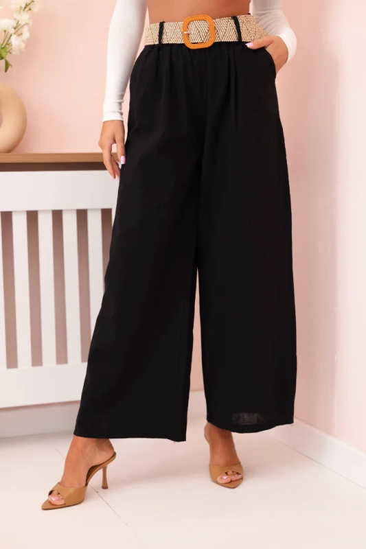 Kesi Dámské lněné kalhoty Tridy se širokými nohavicemi a páskem béžový Barva: Černá, Velikost: UNI
