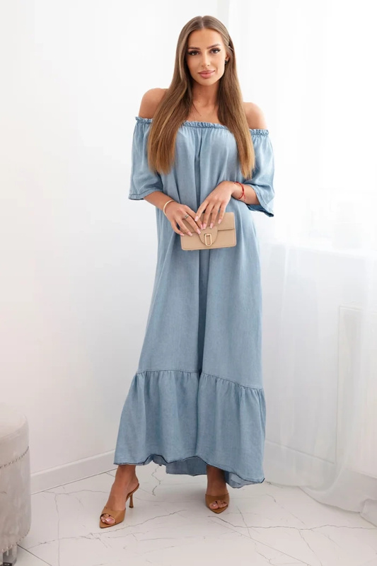 Kesi Dámské šaty s krátkým rukávem a volánky světlý denim Barva: Modrá, Velikost: UNI