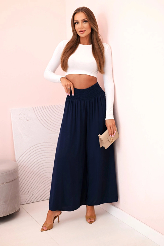 Kesi Dámské viskózové kalhoty Flora s elastickým pasem Barva: Modrá - tmavě, Velikost: UNI