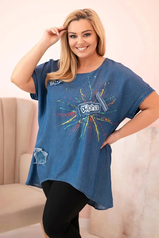 Kesi Halenka Plus Size 1876 s nášivkami Barva: Modrá - tmavě, Velikost: UNI