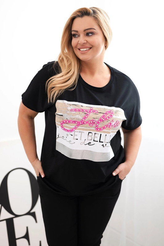 Kesi Halenka Plus Size 1315 s flitrovým nápisem Barva: Béžová, Velikost: UNI