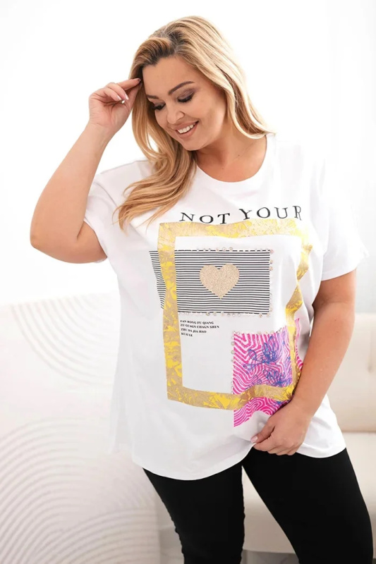 Dámská bavlněná halenka Plus Size se zlatým nápisem bílá + žlutá UNI