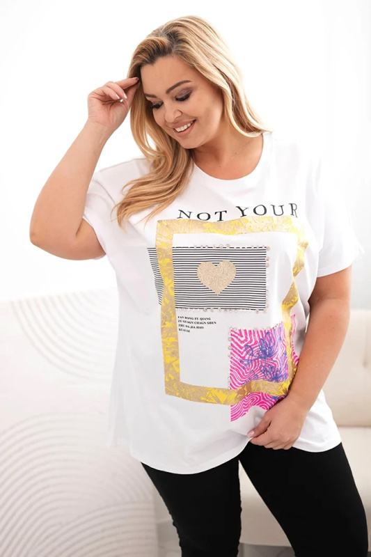 Dámská bavlněná halenka Plus Size se zlatým nápisem bílá + žlutá UNI
